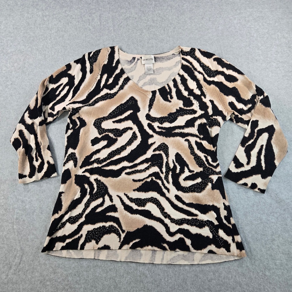 Chico's Women Tan Black Zebra Animal Print V-Neck 3/4 Sleeve Knit Top Size 1
